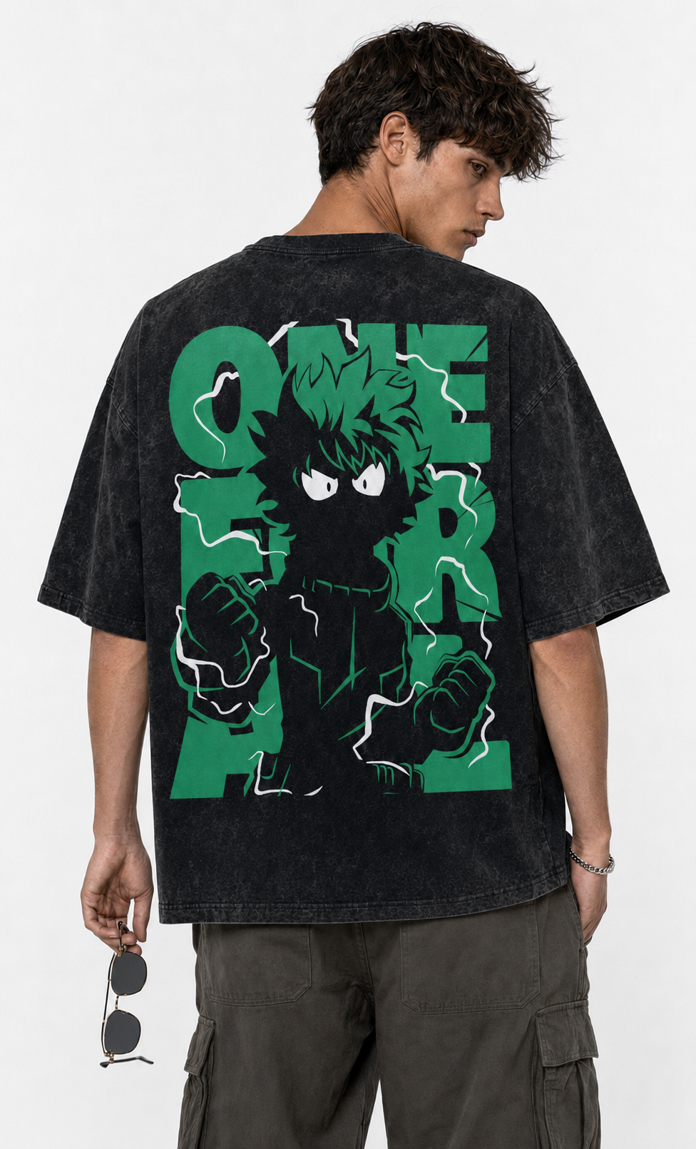 Hero Anime Graphic Printed Acid-Wash Oversized T-Shirt