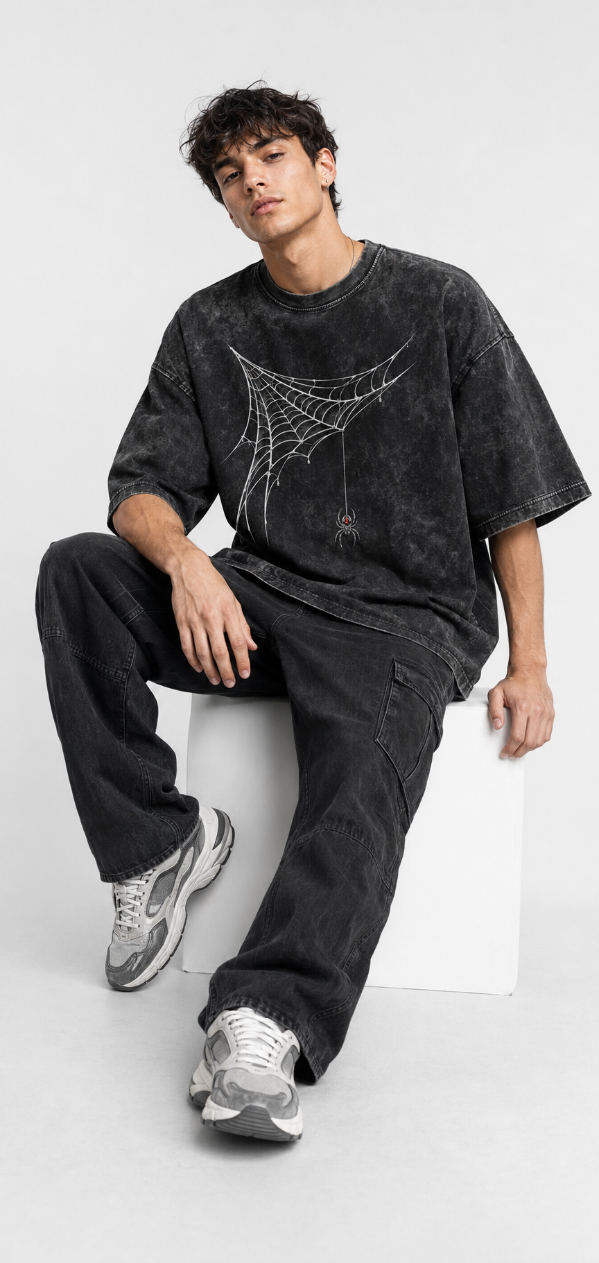 Spider Web Graphic Printed Acid-Wash Oversized T-Shirt