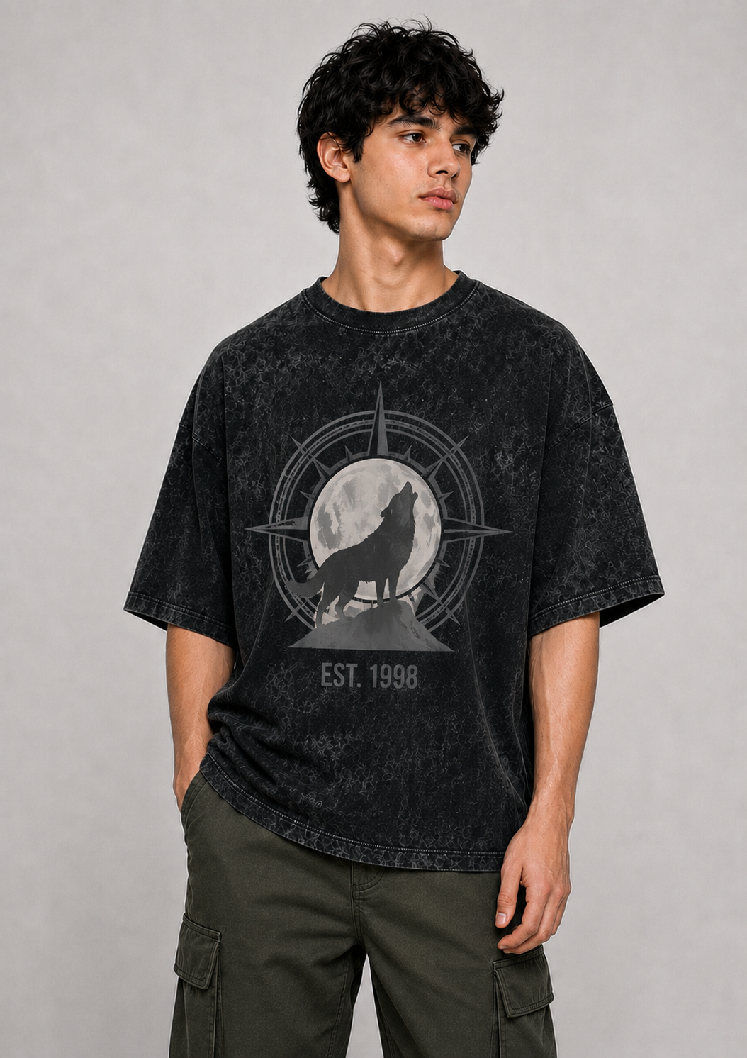 Moonlit Wolf Printed Acid-Wash Oversized Men T-Shirt
