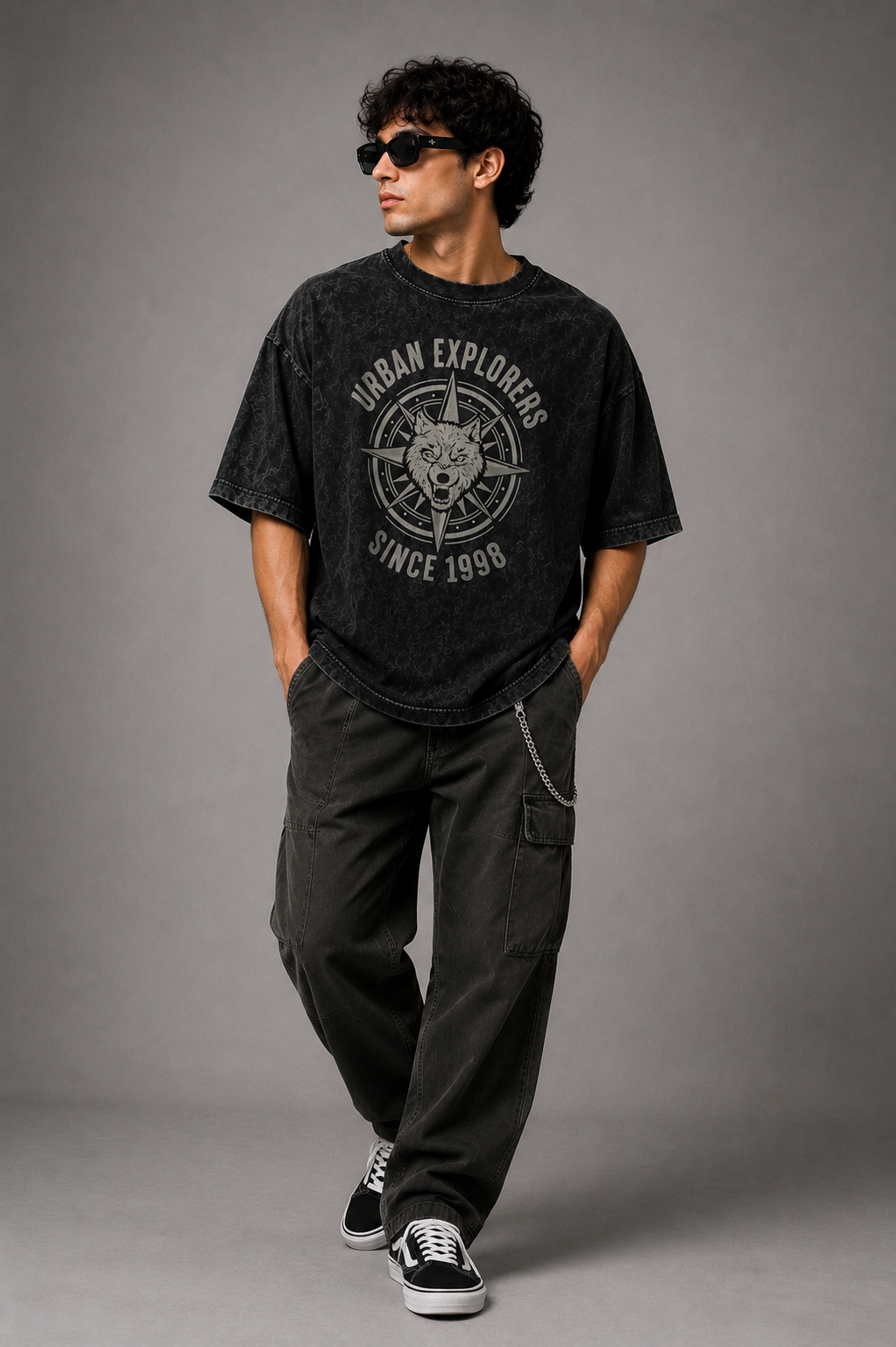 Urban Explorers Wolf Printed Acid-Wash Oversized T-Shirt