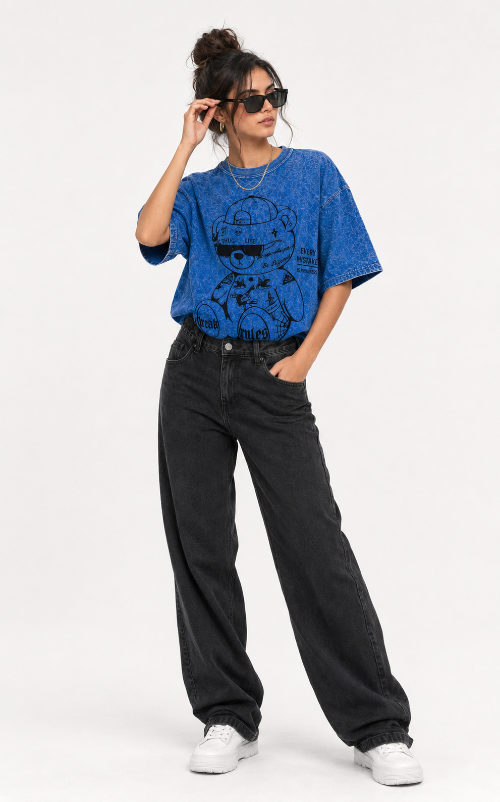 Thug Life Teddy Printed Acid-Wash Oversized Women T-Shirt
