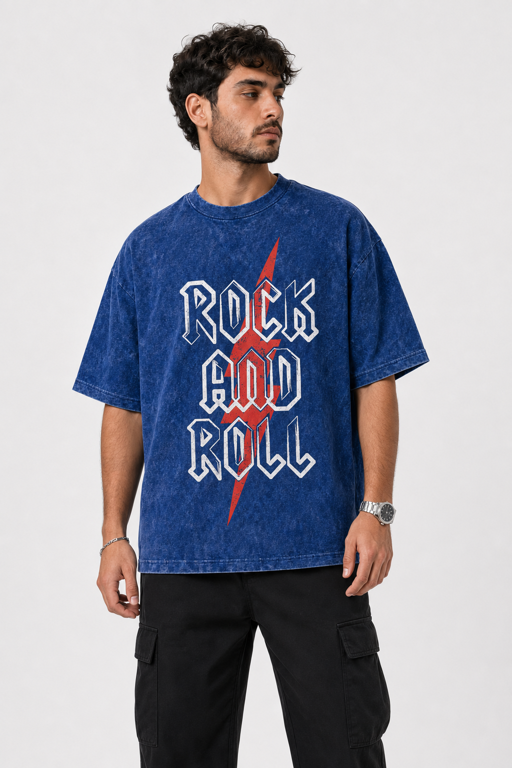 Rock and Roll Printed Acid-Wash Oversized Men T-Shirt