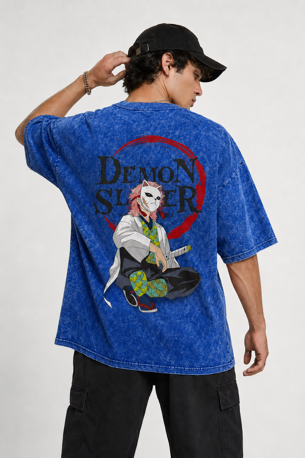 Demon Slayer Masked Warrior Printed Acid-Wash Oversized Men T-Shirt