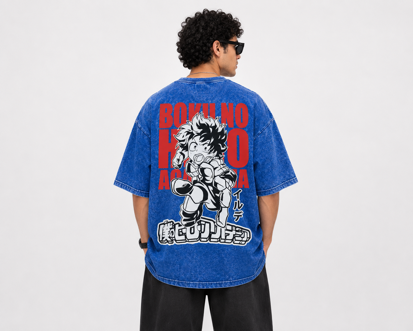My Hero Anime Printed Acid-Wash Oversized Men T-Shirt