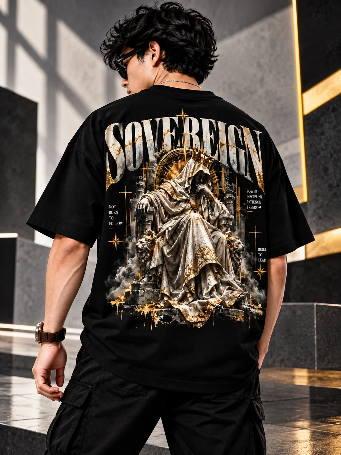 Sovereign Royal Throne Graphic Printed Oversized Men T-Shirt – Black