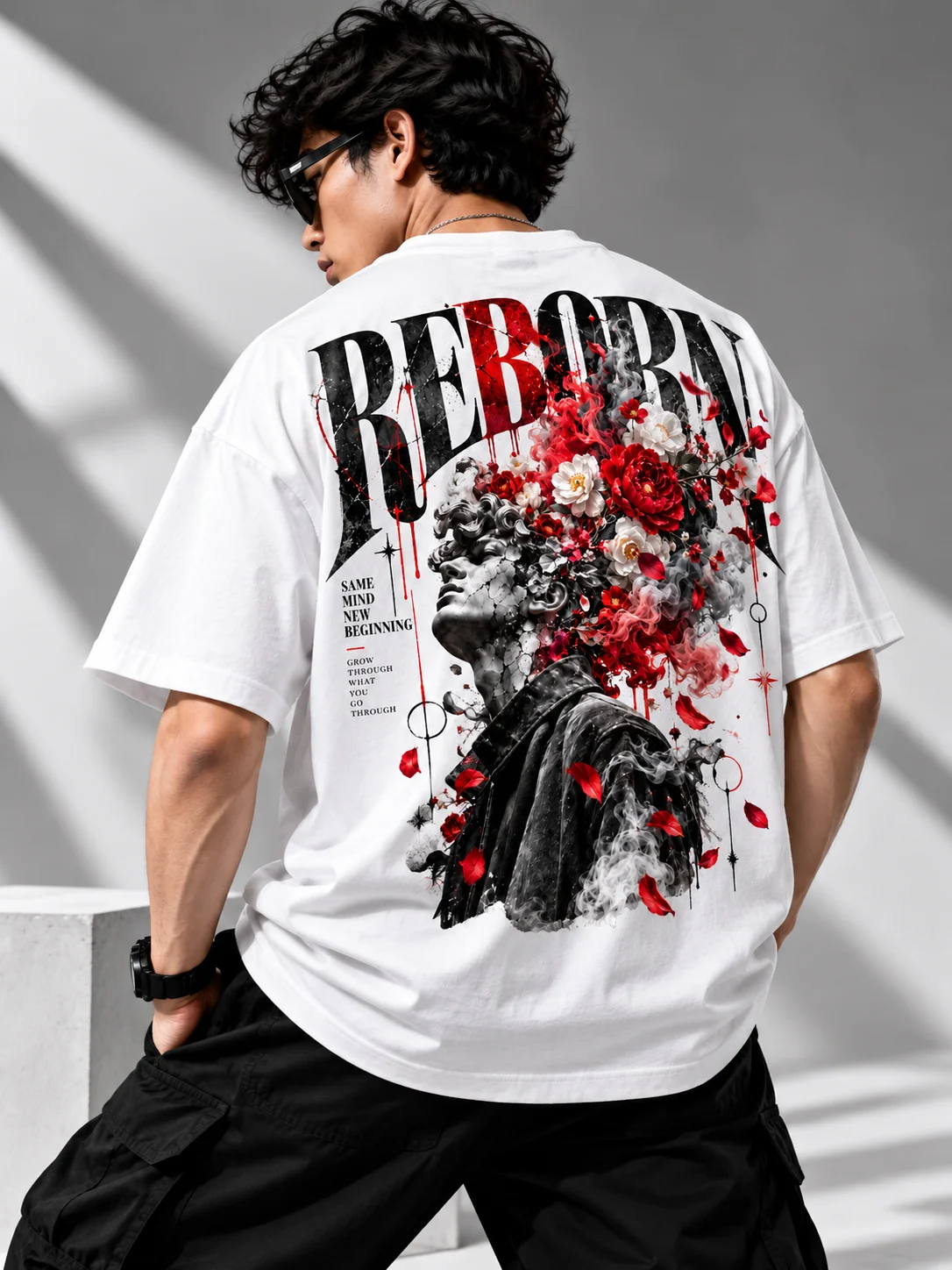 Reborn Floral Statue Graphic Printed Oversized Men T-Shirt – 220 GSM Cotton – White