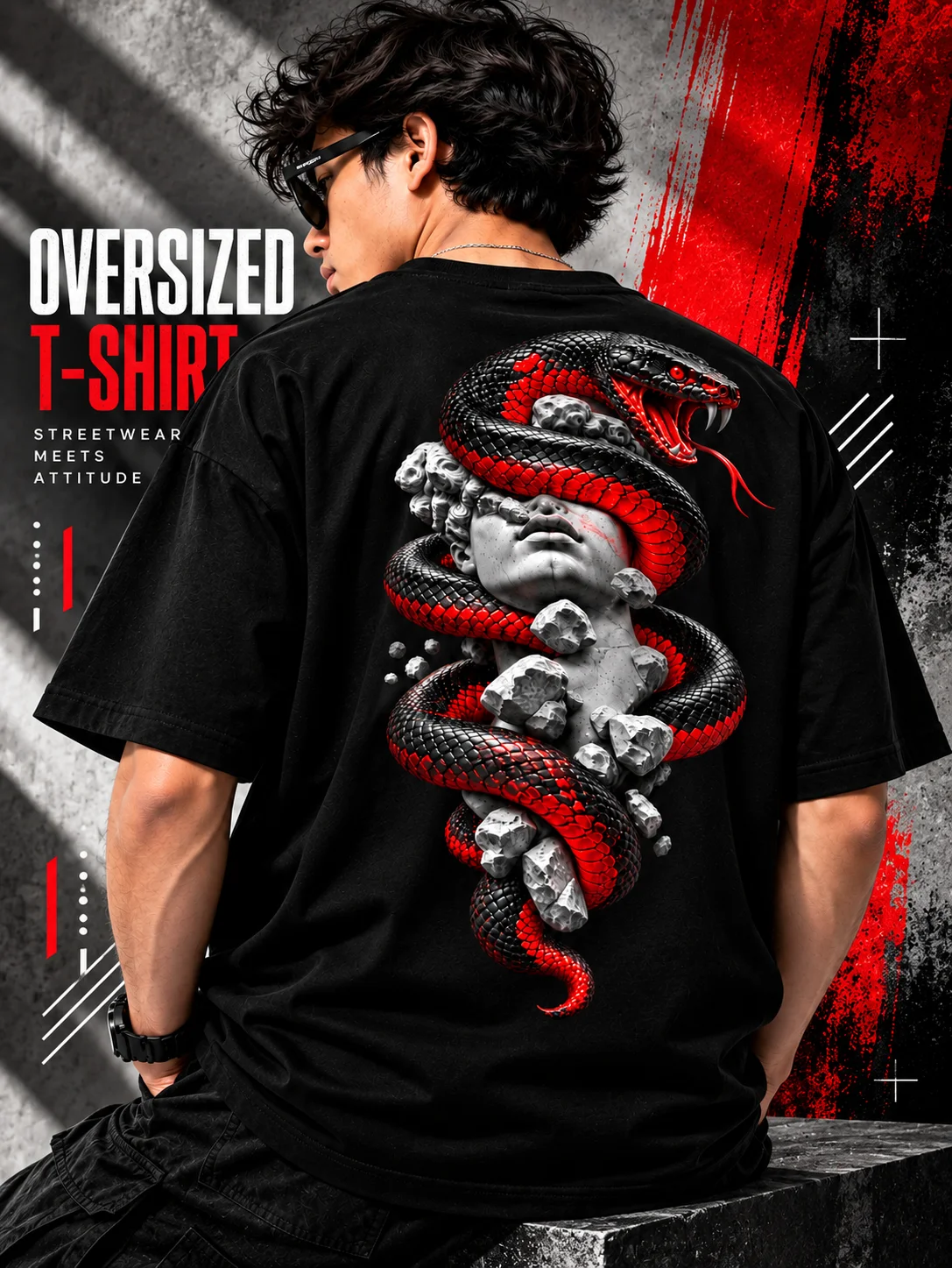 Serpent Stone Graphic Printed Oversized Men T-Shirt – 220 GSM Cotton – Black