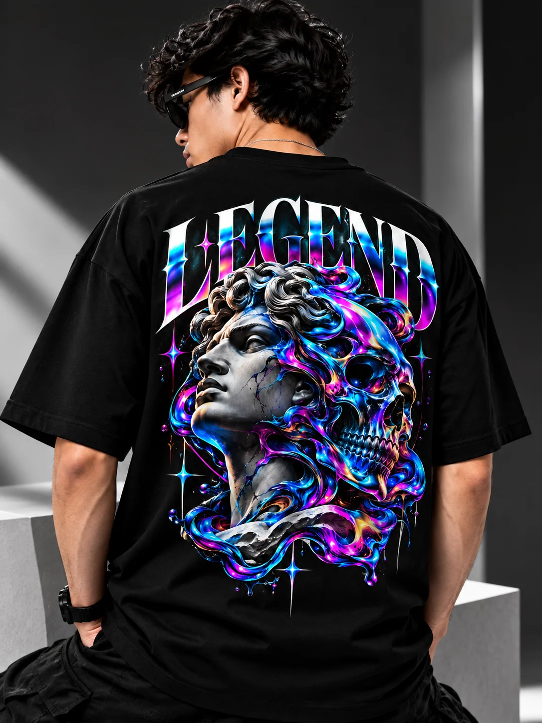 Neon Legend Skull Graphic Printed Oversized Men T-Shirt – 220 GSM Cotton – Black