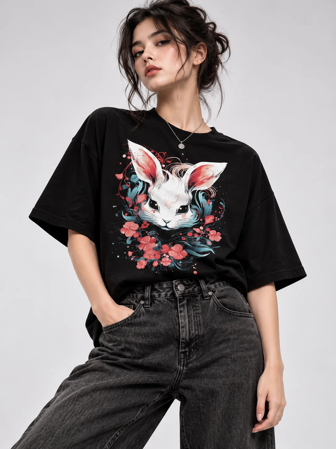 Mystic Rabbit Floral Graphic Printed Oversized Women T-Shirt – Black