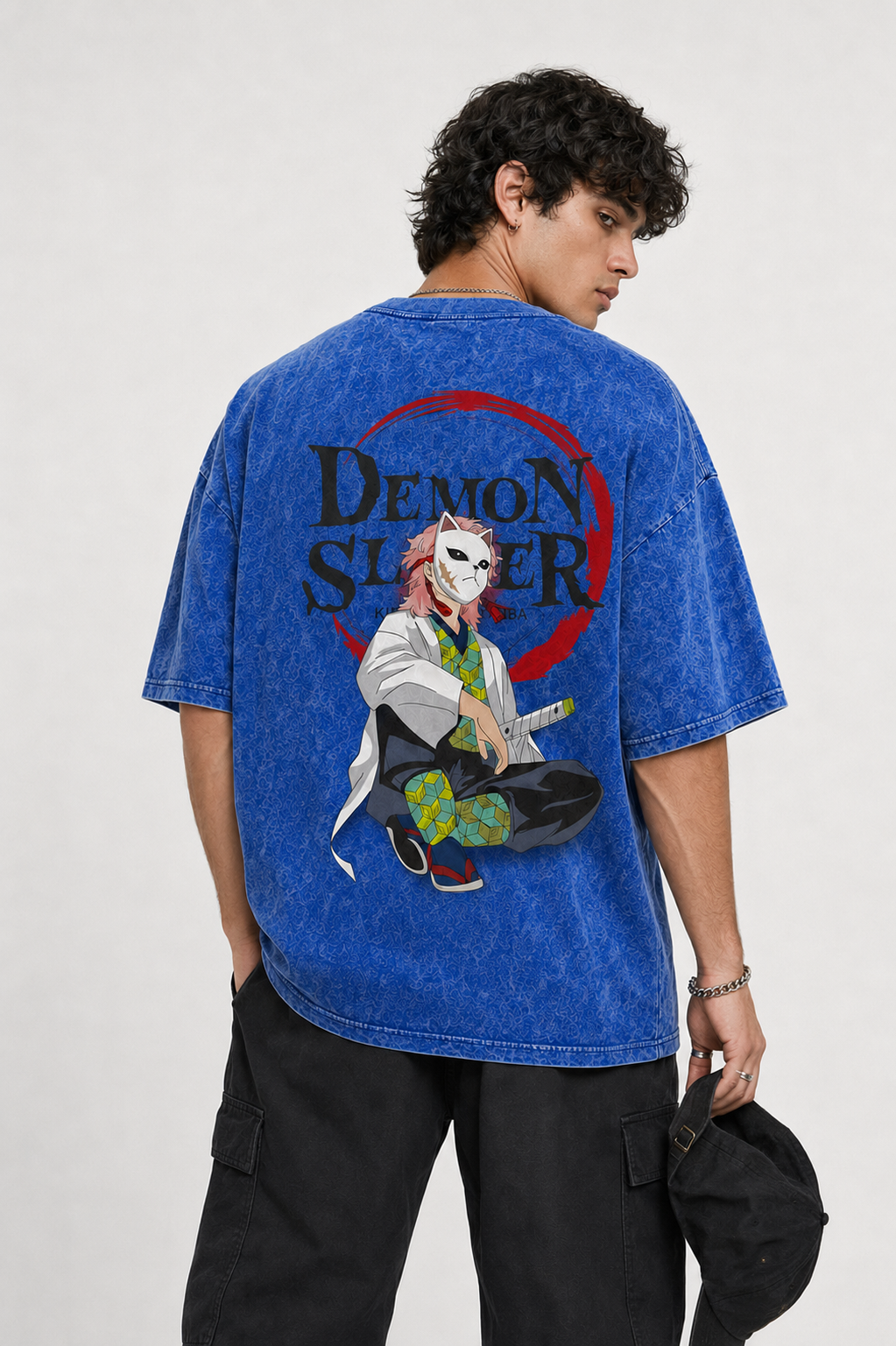 Demon Slayer Masked Warrior Printed Acid-Wash Oversized Men T-Shirt