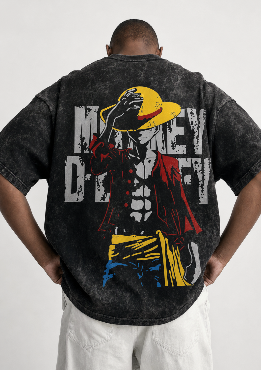 Onepiece Hat Pirate Printed Acid-Wash Oversized Men T-Shirt
