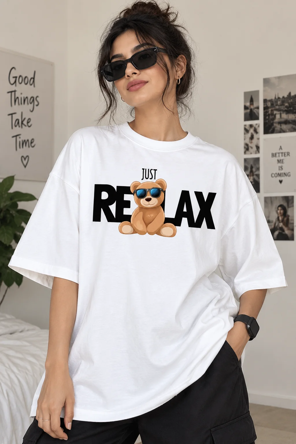 Just Relax Teddy Bear Graphic Printed Oversized Women T-Shirt
