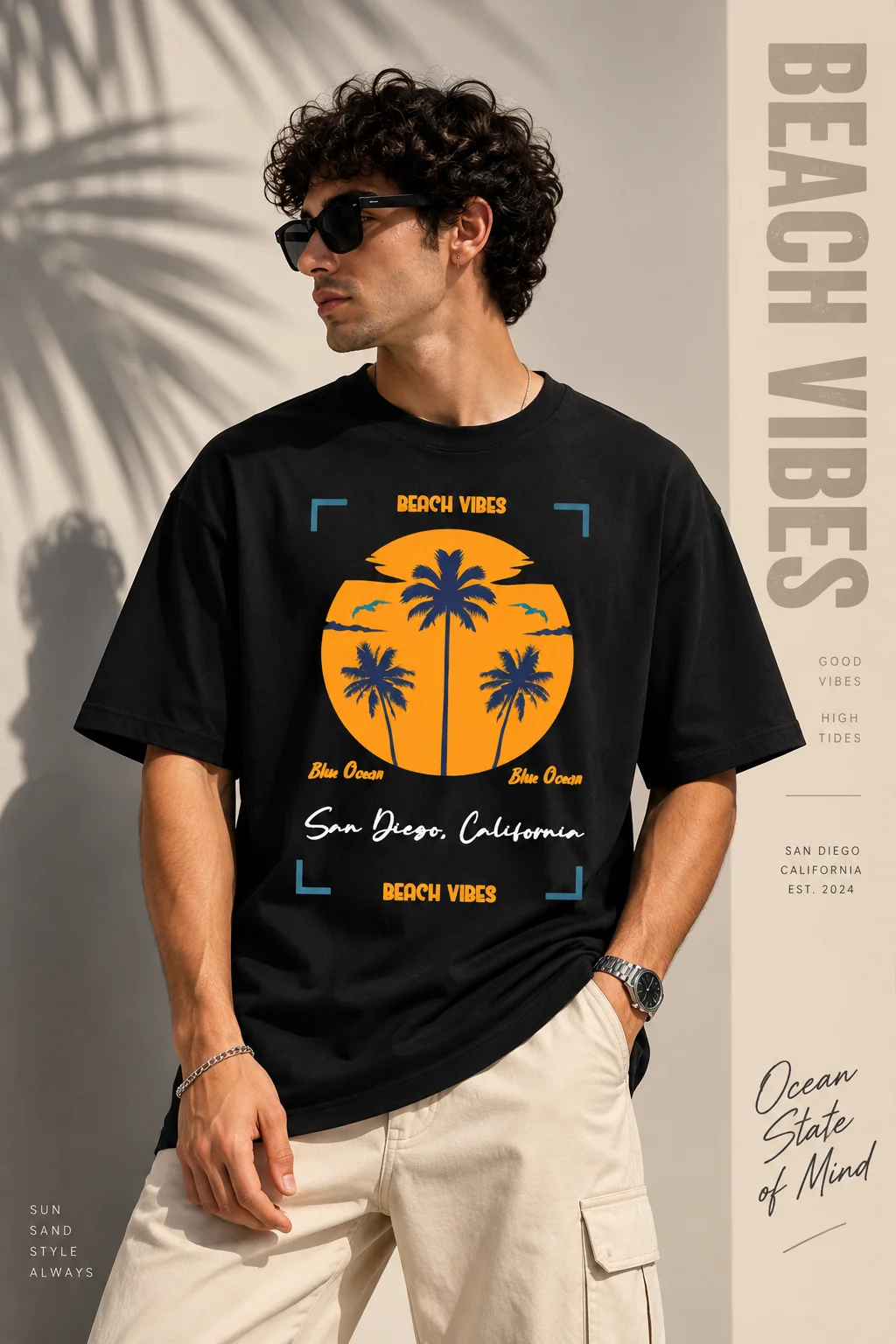 Beach Vibes Sunset Graphic Printed Oversized Men T-Shirt