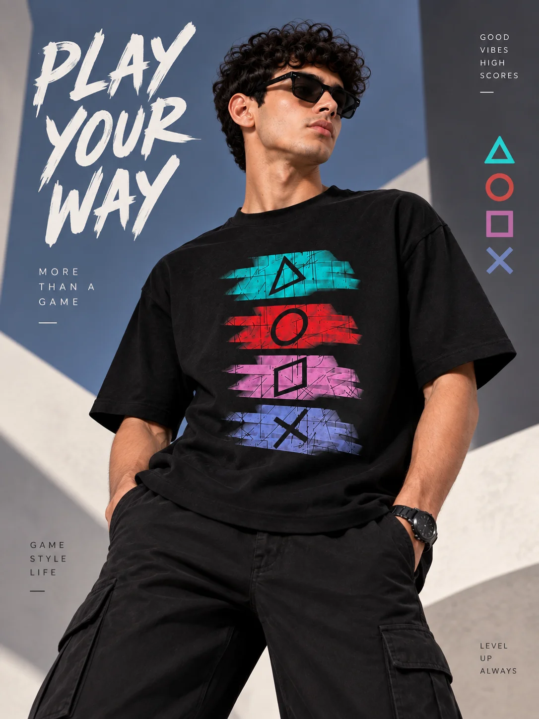 Geometric Gamer Symbols Graphic Printed Oversized Men T-Shirt