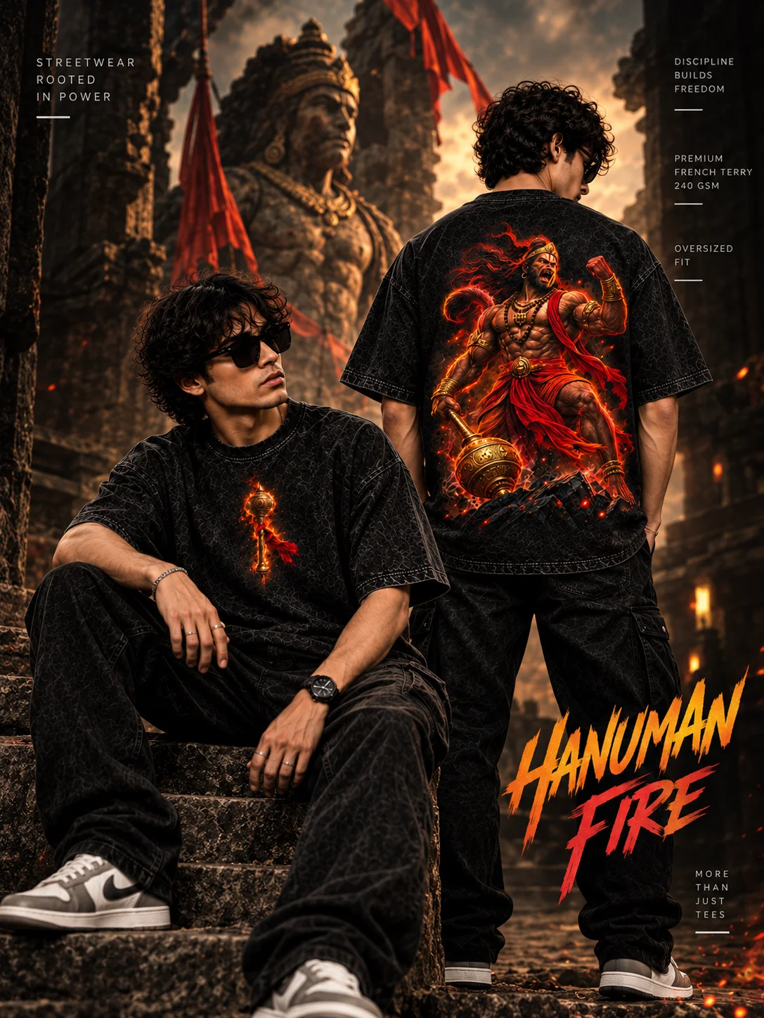Hanuman Fire Printed Acid-Wash Oversized T-Shirt
