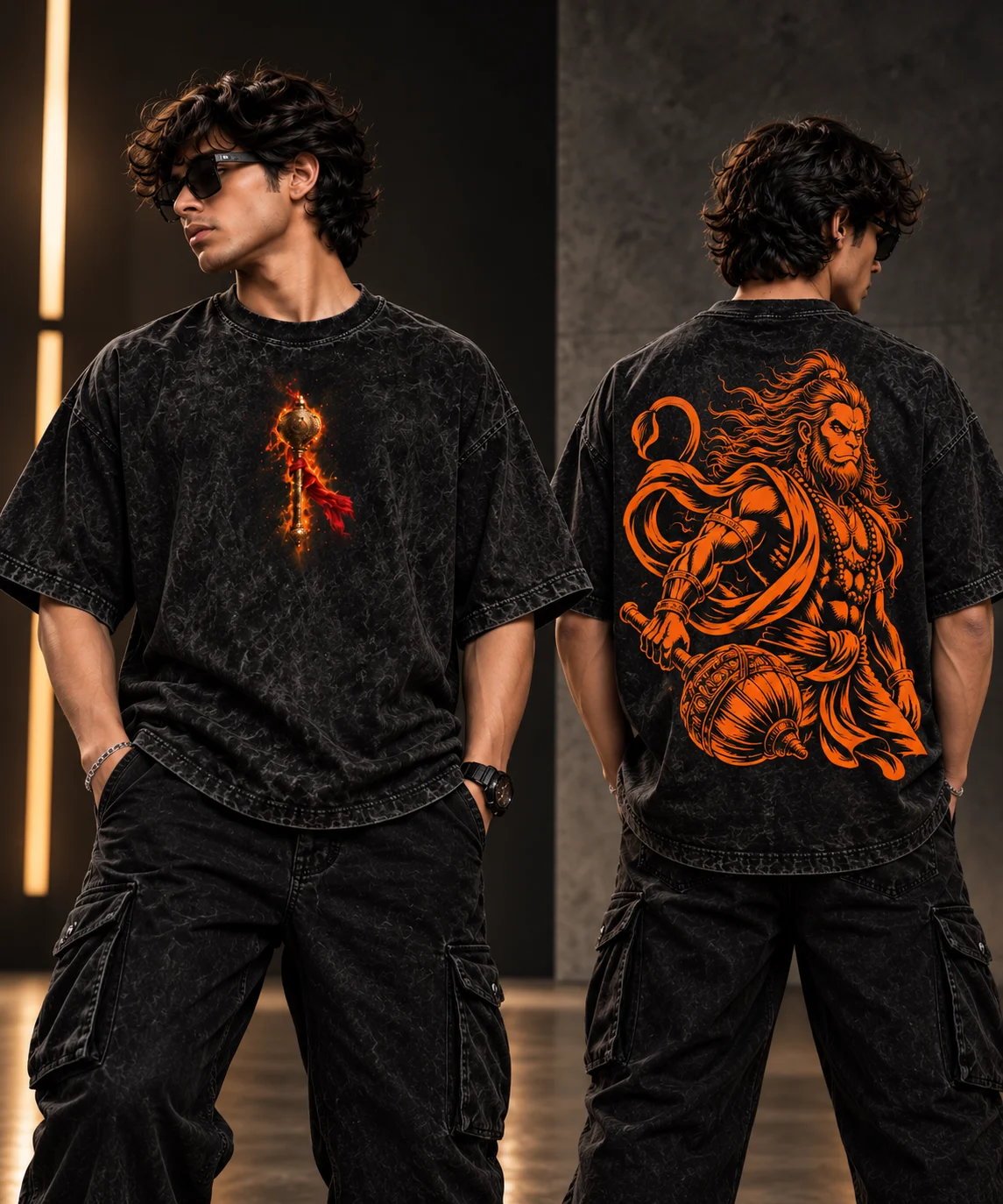 Hanuman Warrior Printed Acid-Wash Oversized T-Shirt