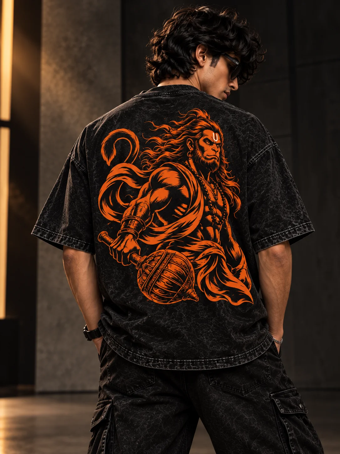 Hanuman Warrior Printed Acid-Wash Oversized T-Shirt