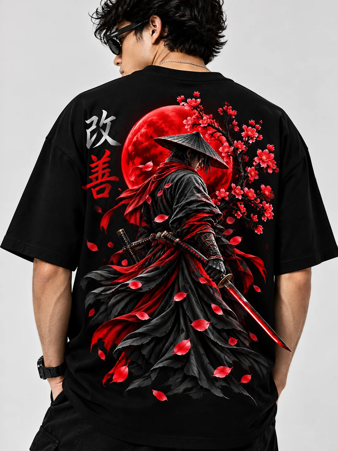 Crimson Samurai Japanese Art Printed Oversized Men T-Shirt – 220 GSM Cotton – Black