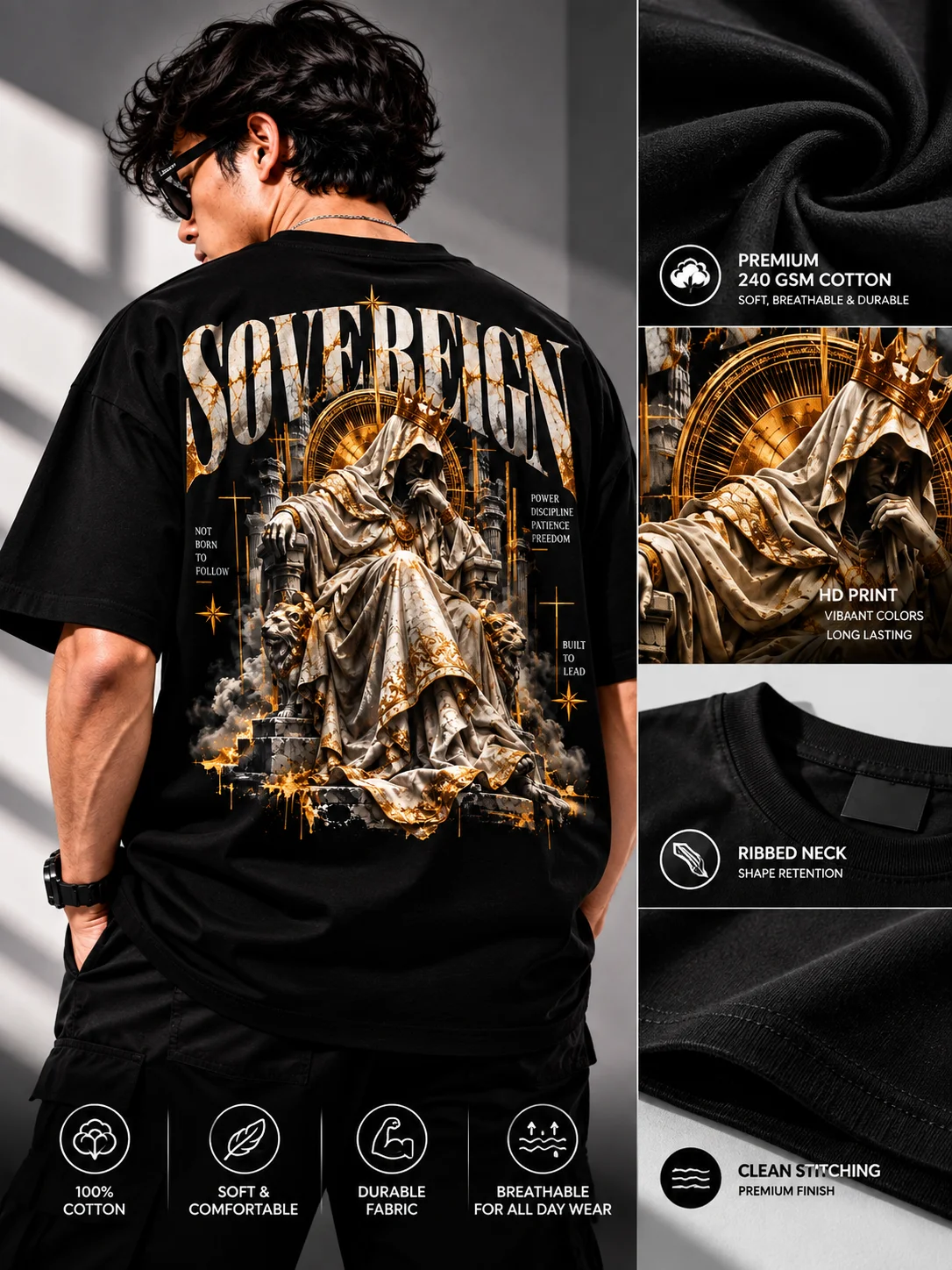 Sovereign Royal Throne Graphic Printed Oversized Men T-Shirt – Black