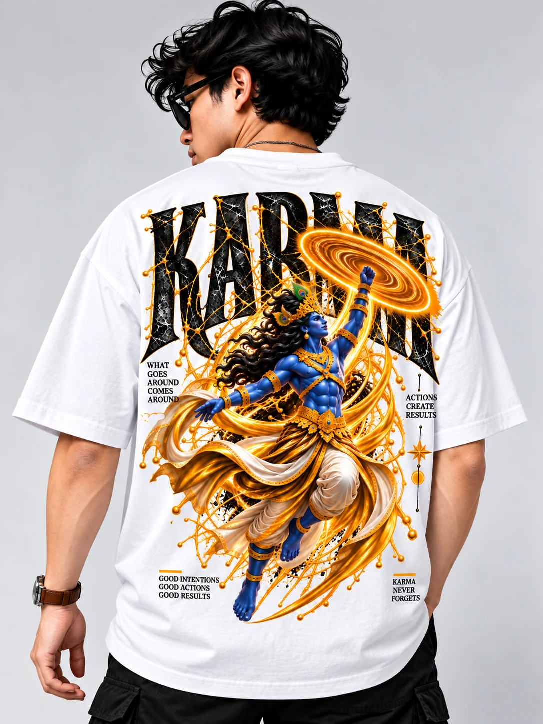 Karma Divine Graphic Printed Oversized Men T-Shirt – 220 GSM Cotton – White