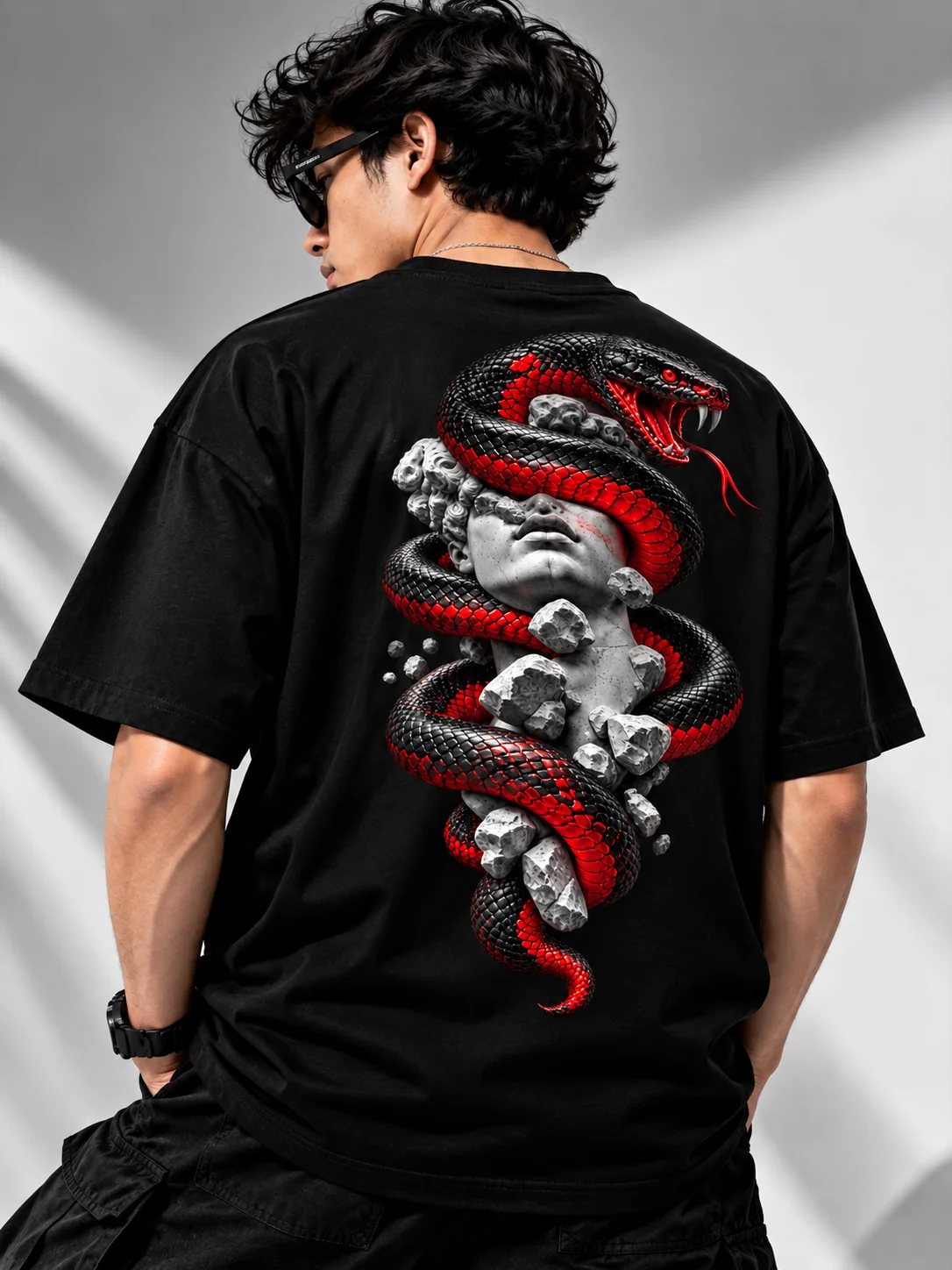 Serpent Stone Graphic Printed Oversized Men T-Shirt – 220 GSM Cotton – Black