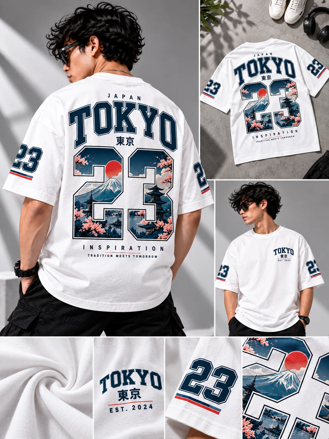 Tokyo 23 Japanese Varsity Printed Oversized Men T-Shirt – 220 GSM Cotton – White
