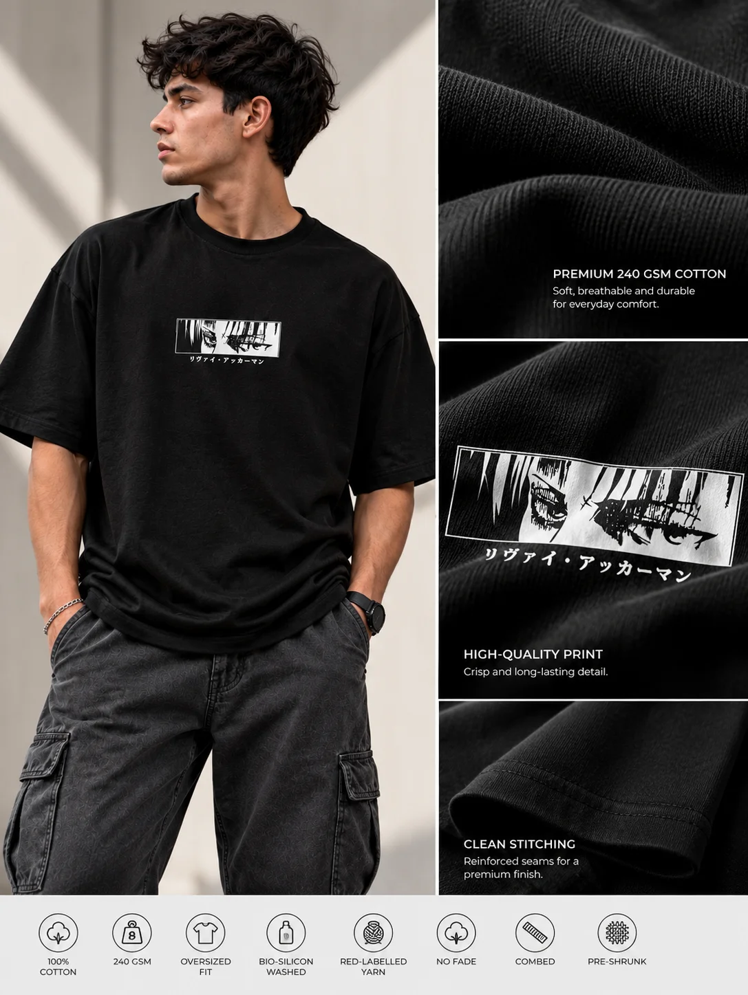Anime Eyes Graphic Printed Oversized Men T-Shirt – Black
