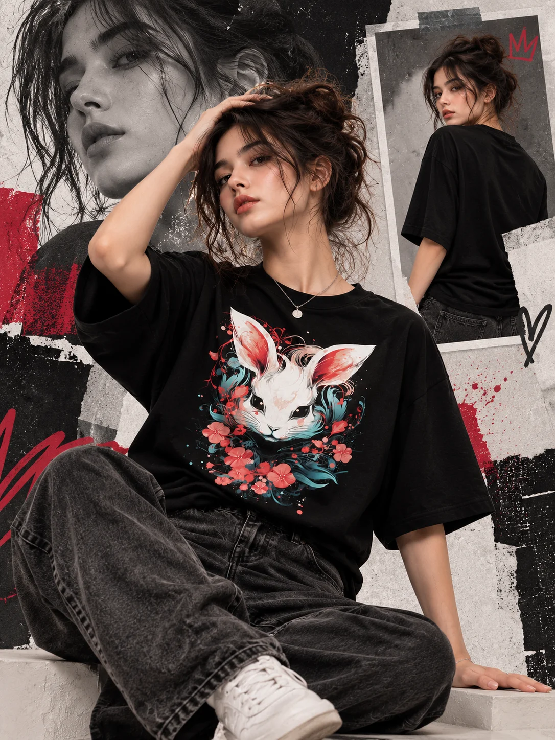Mystic Rabbit Floral Graphic Printed Oversized Women T-Shirt – Black